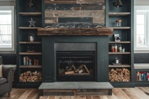 Cheminée rustique modernisée avec des éléments contemporains