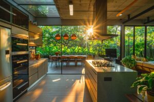 Vue d'une cuisine moderne de 10m2 avec véranda