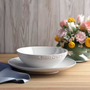 Surface en bois clair avec vaisselle et fleurs