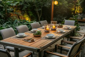 Table pour repas en plein air entourée de chaises