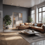 Canapé compact gris avec coussins dans un salon cosy