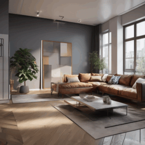 Canapé compact gris avec coussins dans un salon cosy