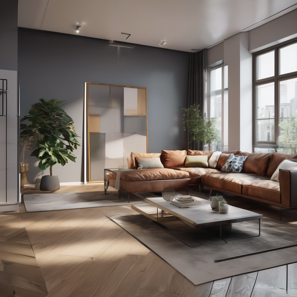 Canapé compact gris avec coussins dans un salon cosy
